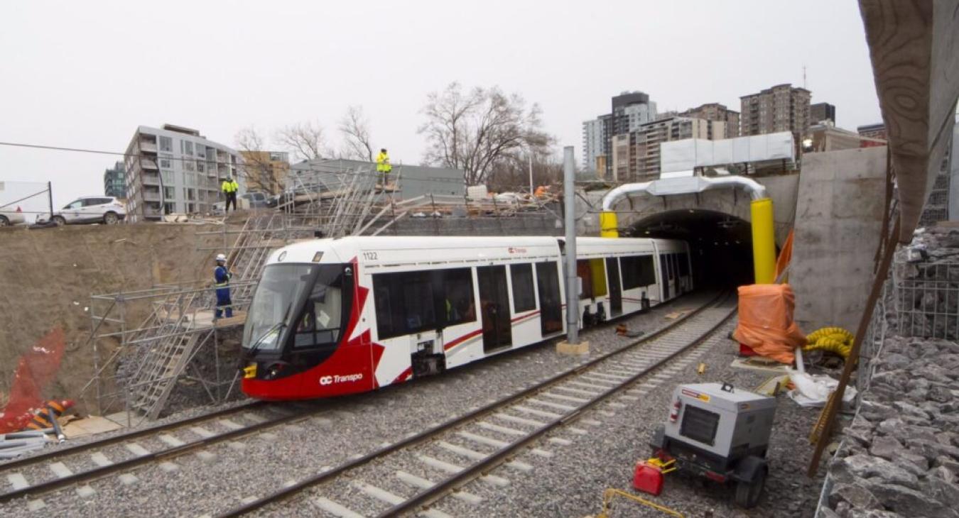 A photo from 2018 showing an LRT train in the Tunney's Pasture tunnel